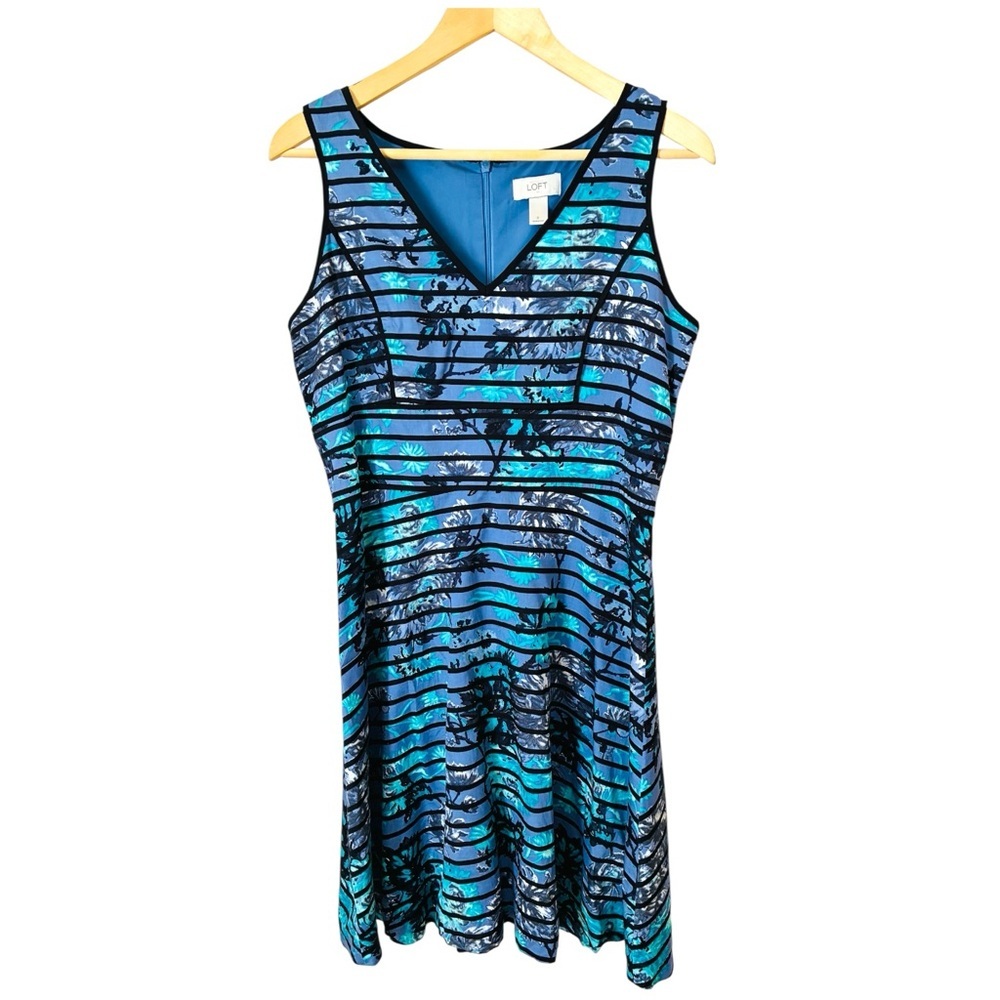 Ann Taylor LOFT Sz 6 Blue Black Floral Stripe Fit N Flare Party Dress - Picture 3 of 10